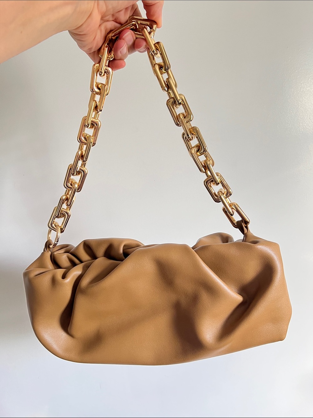 Brown Shoulder Bag with Chunky Gold Chain Strap